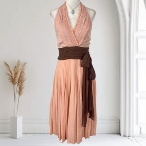 Bcbgmaxazria Fairy Grunge Pink Brown Fairy Lace Silk Midi Halter Dress XS / 2